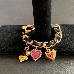 Betsey Johnson Gold and Pink Heart Charm Bracelet